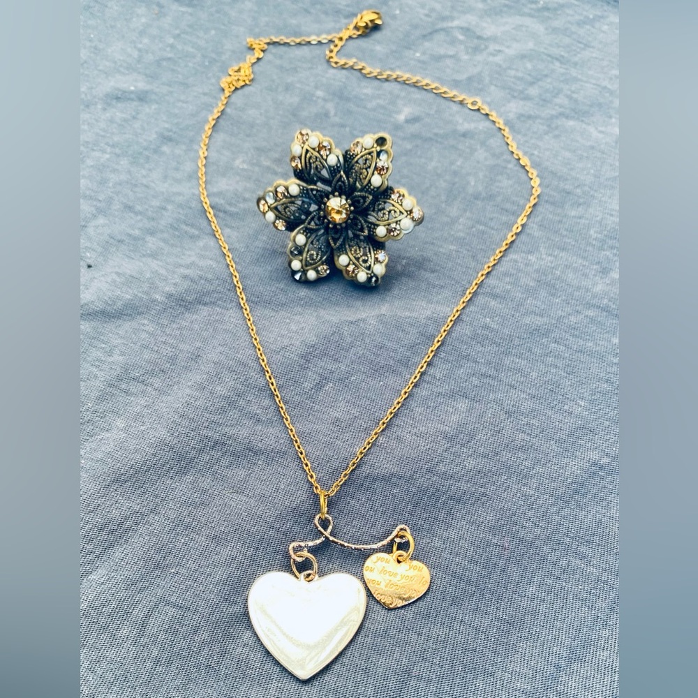 Gold and Silver Heart Pendant Necklace with Matching Ring